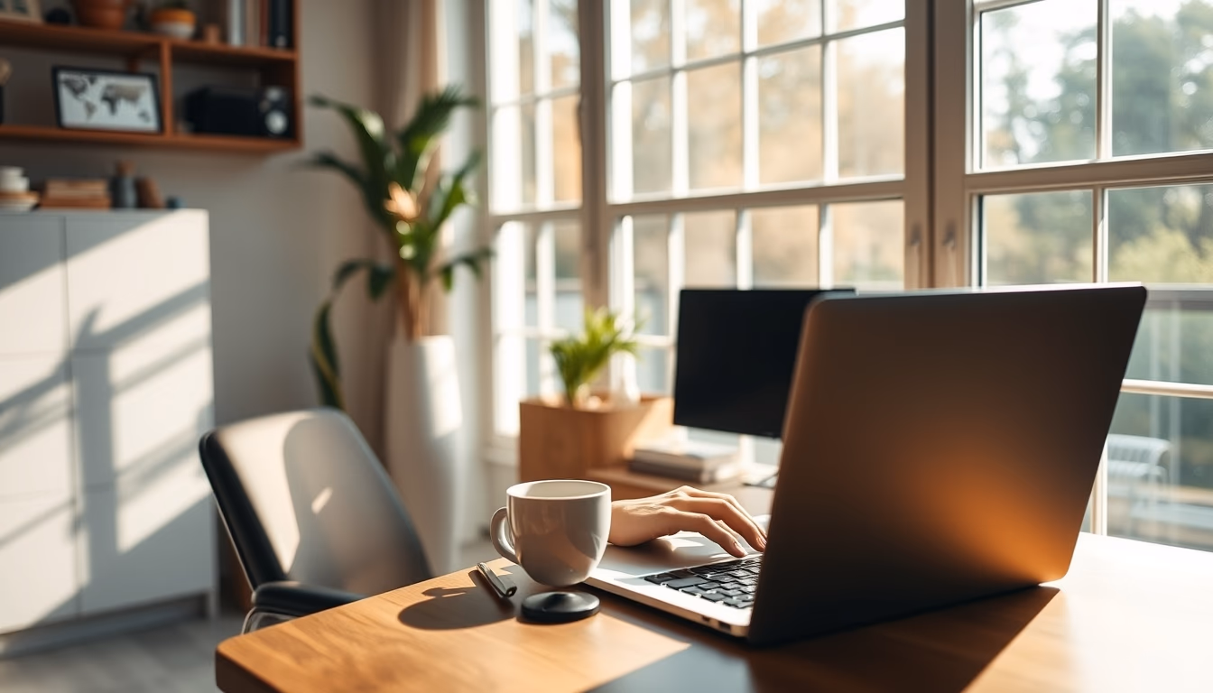 remote worker in home office with coffee and laptop in editorial style