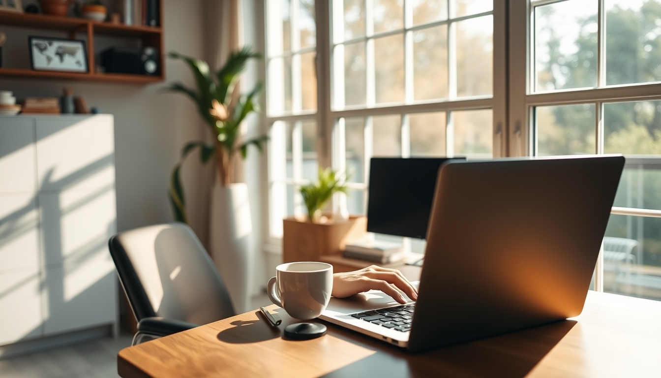 Trabalhador remoto em home office com café e notebook em estilo editorial