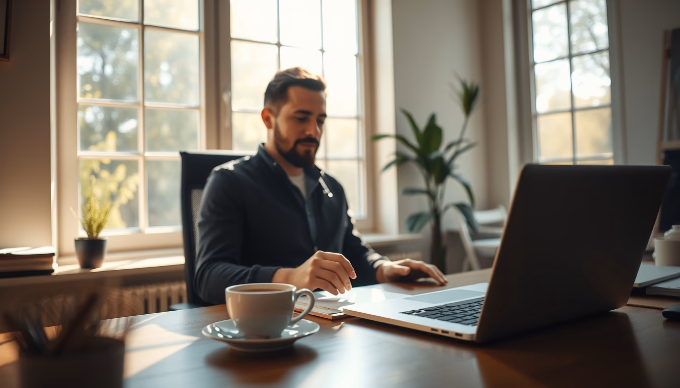 remote worker in home office with coffee and laptop in editorial style