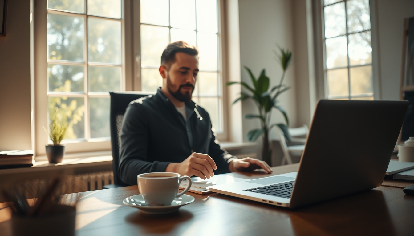 remote worker in home office with coffee and laptop in editorial style