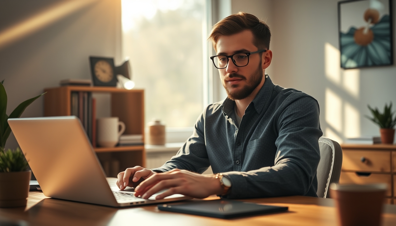 remote worker in home office with coffee and laptop in editorial style