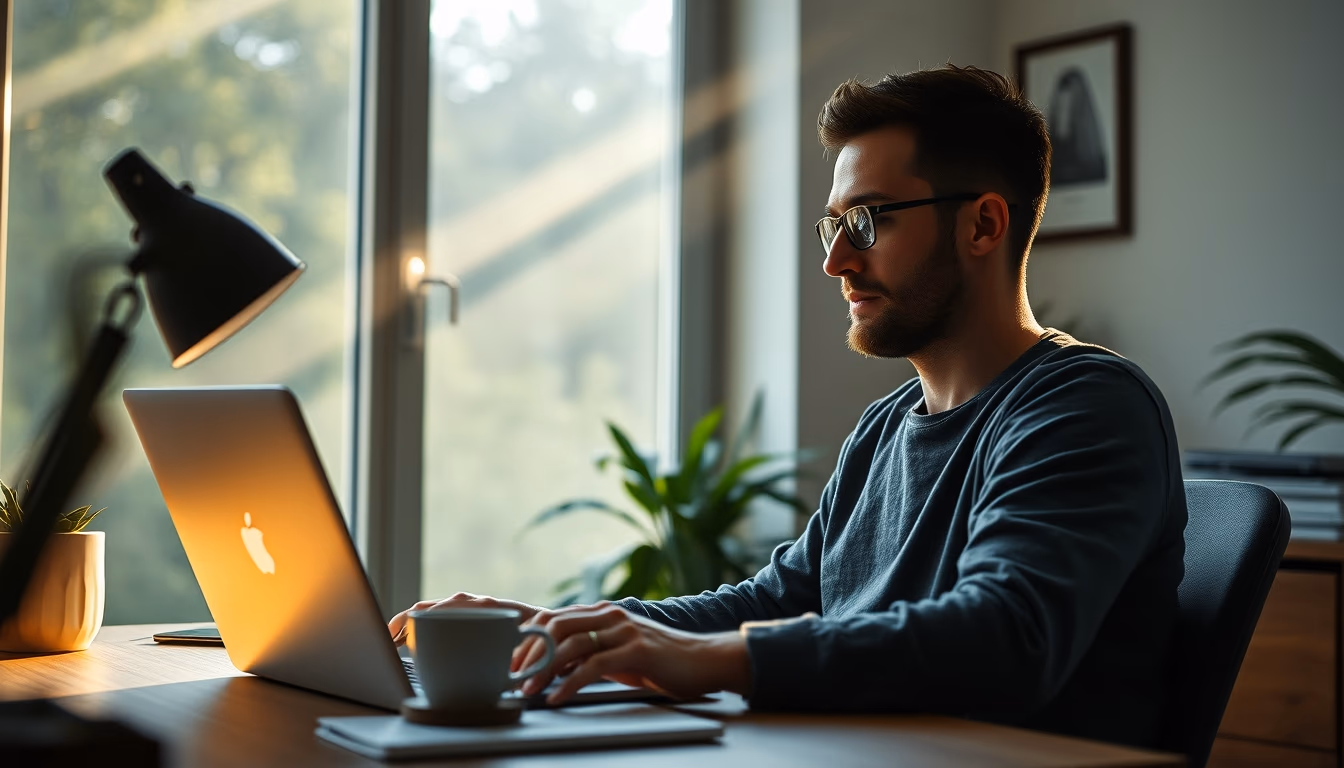 Trabalhador remoto em home office com café e notebook em estilo editorial