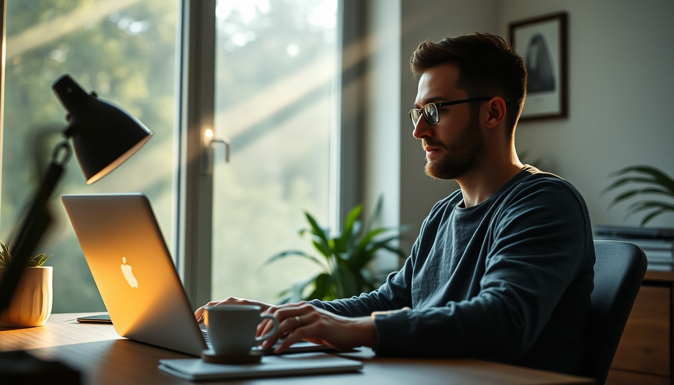 remote worker in home office with coffee and laptop in editorial style