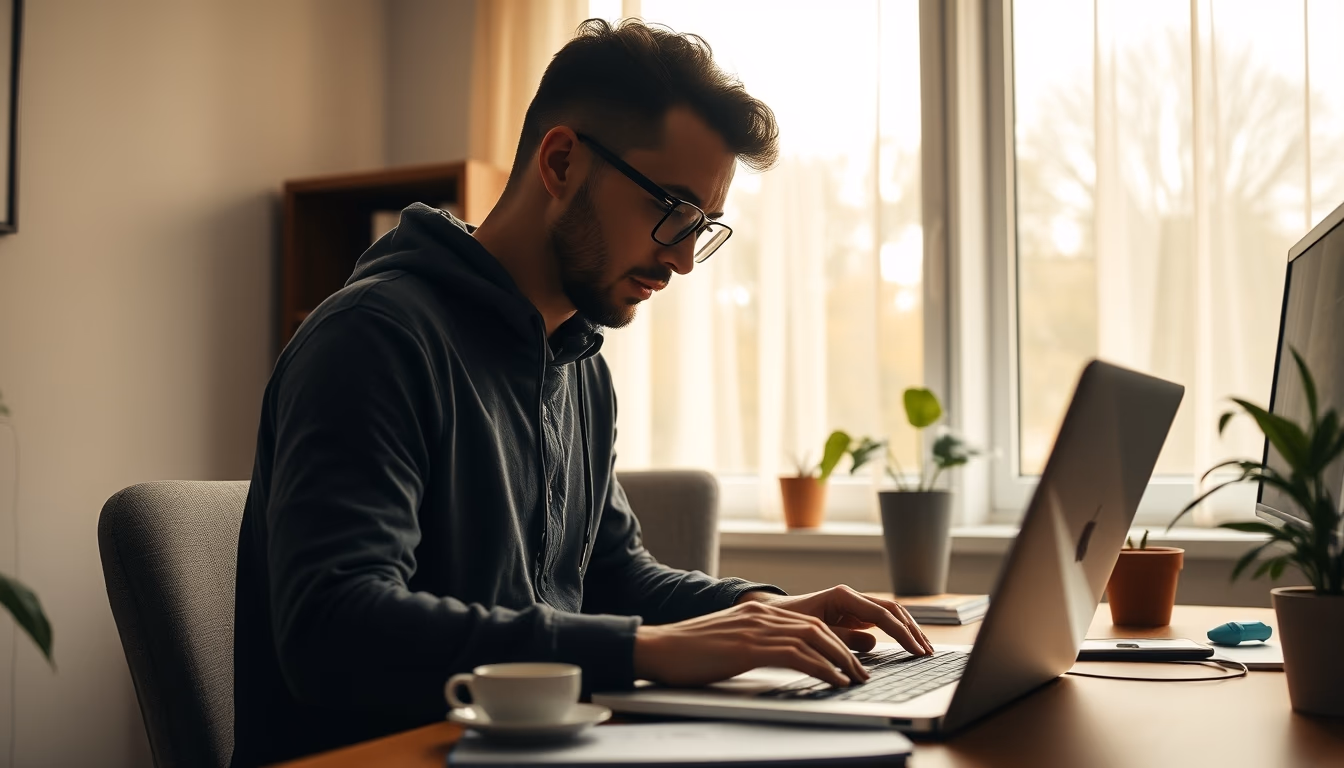 Trabalhador remoto em home office com café e notebook em estilo editorial