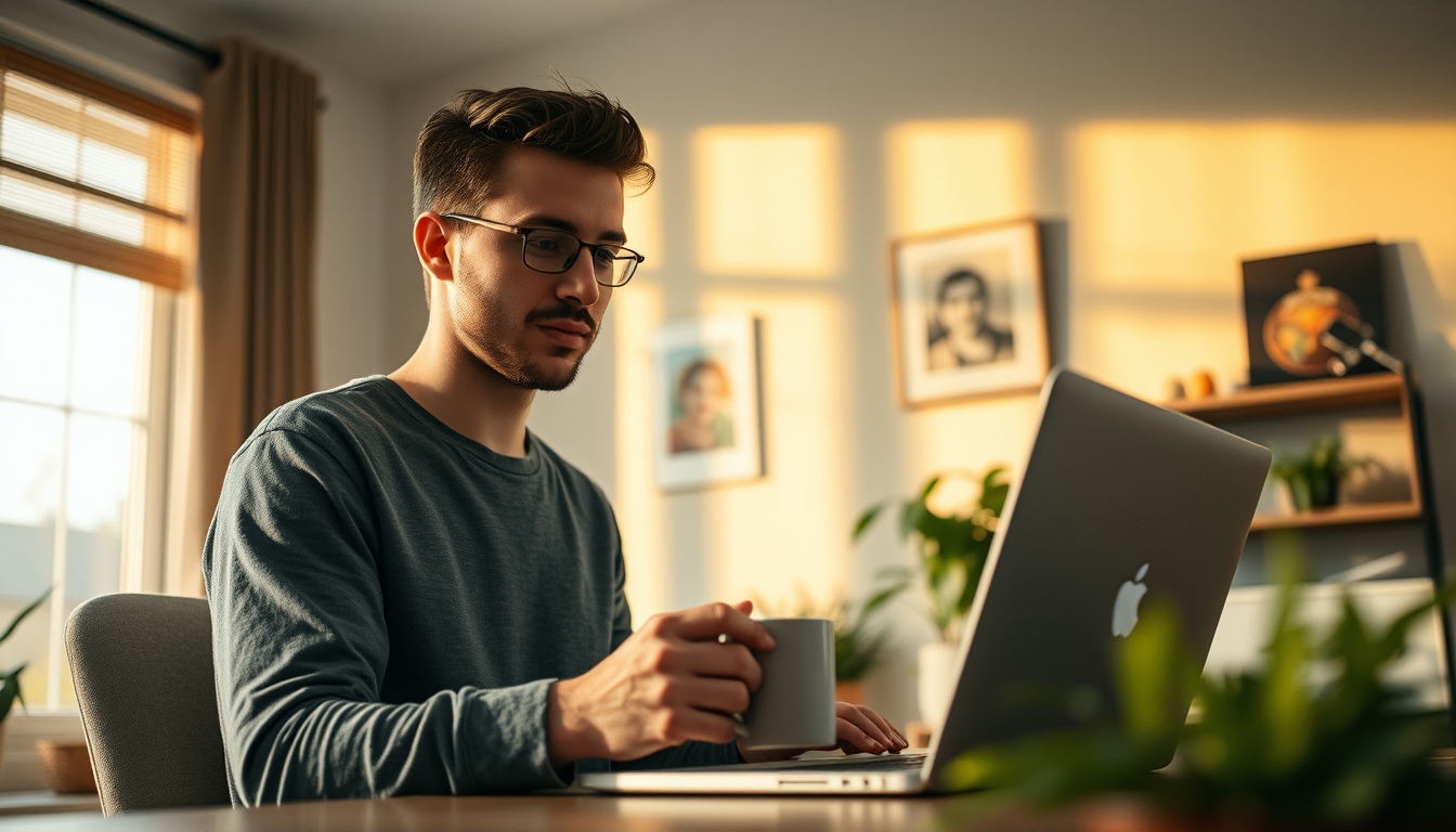 remote worker in home office with coffee and laptop in editorial style