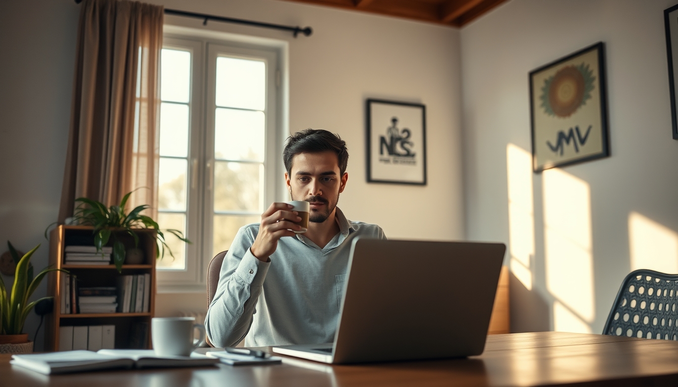 Trabalhador remoto em home office com café e notebook em estilo editorial