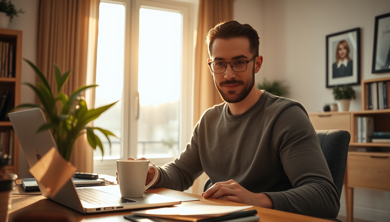 remote worker in home office with coffee and laptop in editorial style