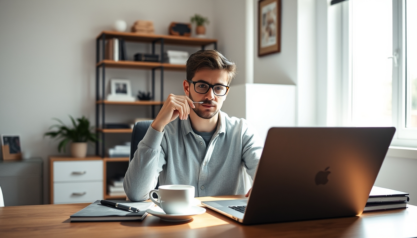 remote worker in home office with coffee and laptop in editorial style