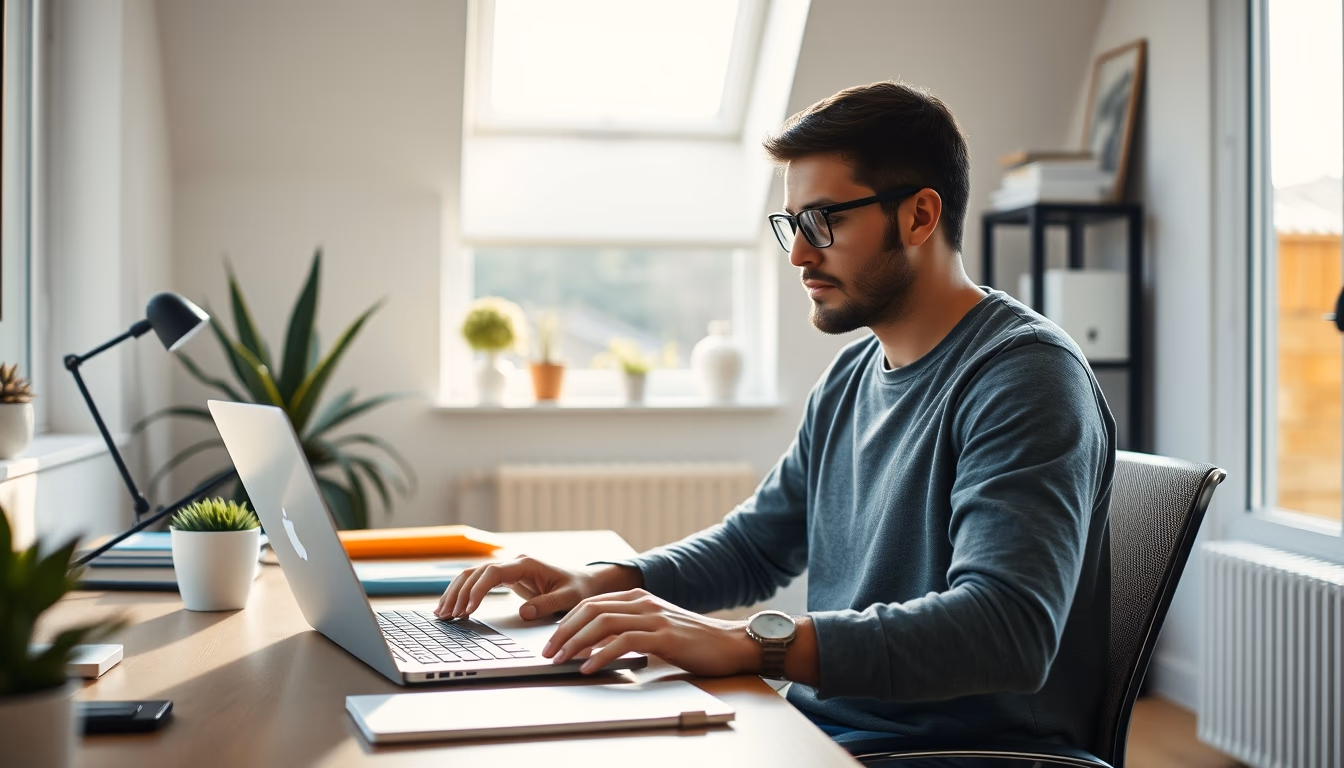 remote worker in home office with coffee and laptop in editorial style