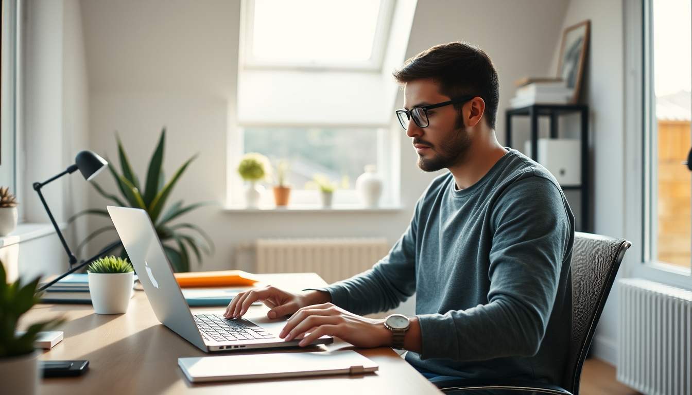 remote worker in home office with coffee and laptop in editorial style