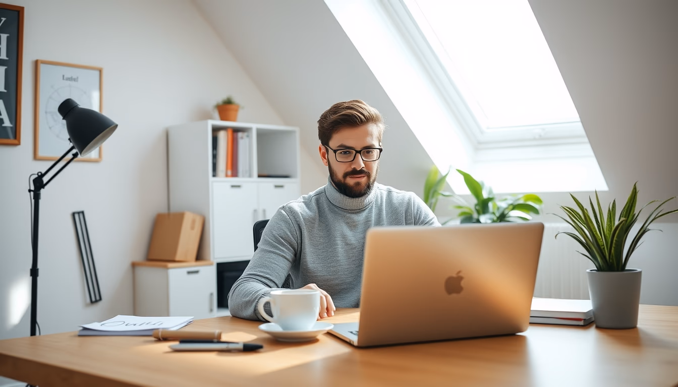 remote worker in home office with coffee and laptop in editorial style