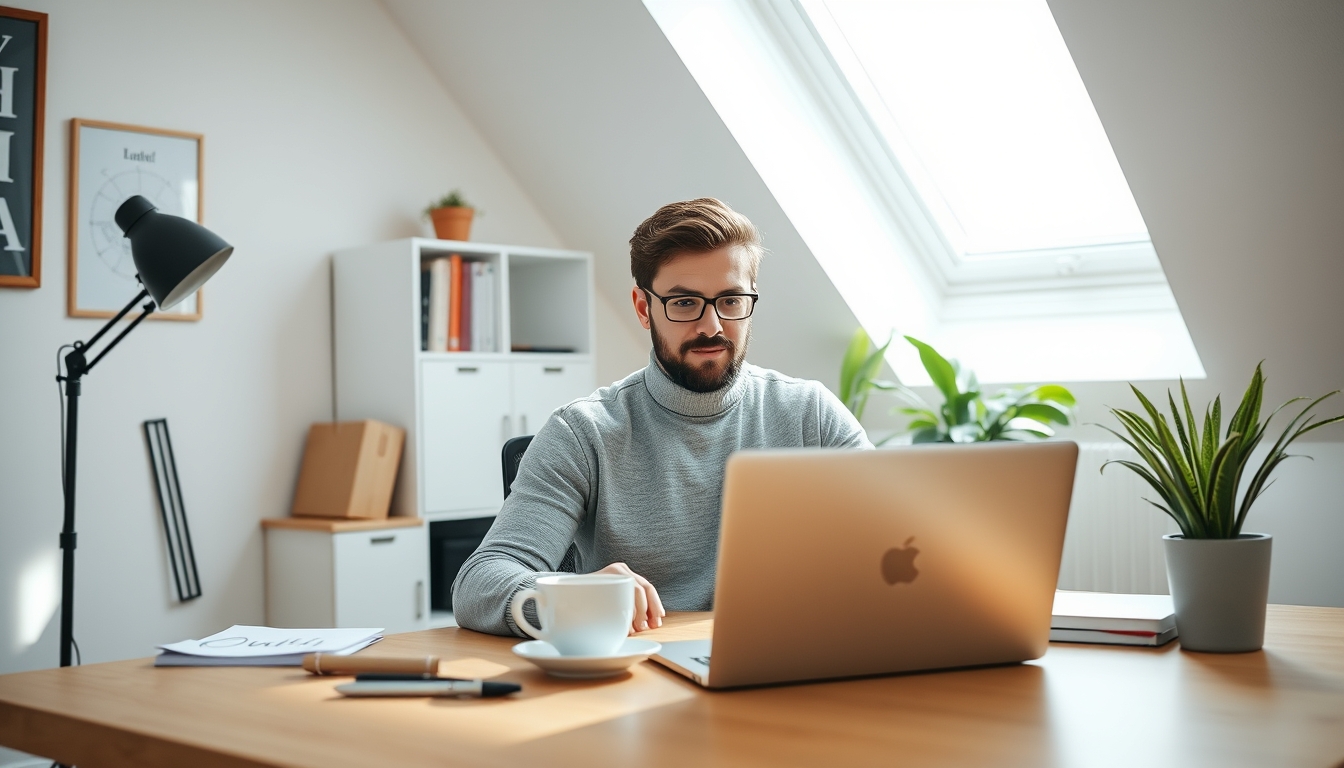 remote worker in home office with coffee and laptop in editorial style