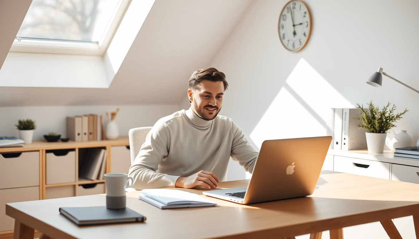remote worker in home office with coffee and laptop in editorial style