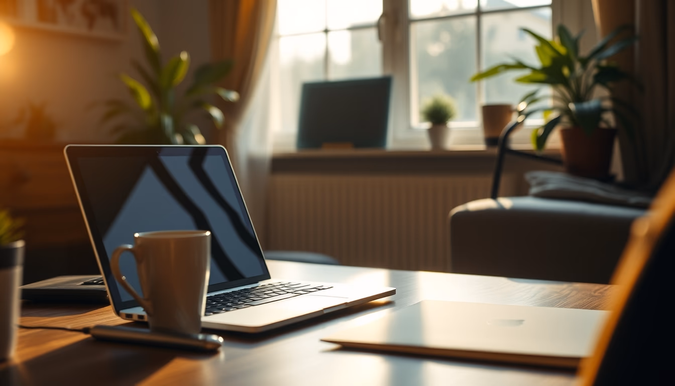 Trabalhador remoto em home office com café e notebook em estilo editorial