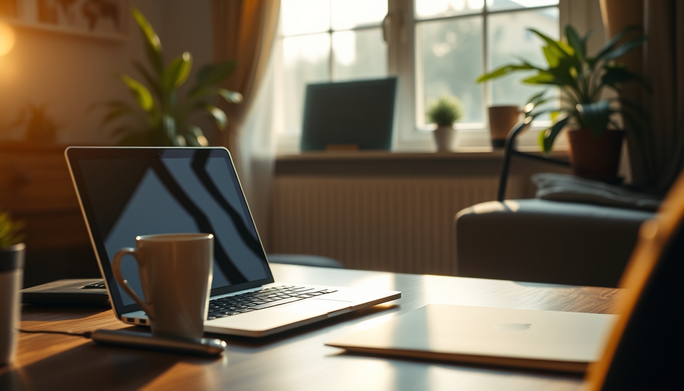 remote worker in home office with coffee and laptop in editorial style