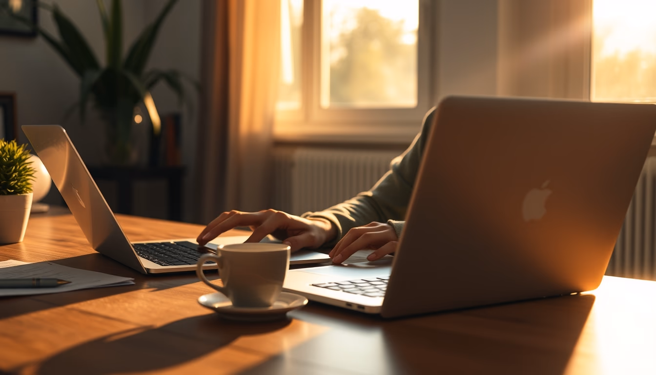 Trabalhador remoto em home office com café e notebook em estilo editorial