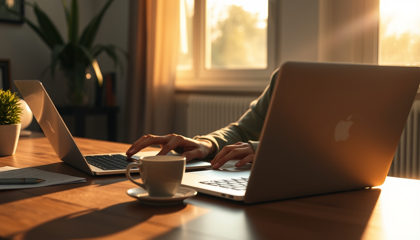 remote worker in home office with coffee and laptop in editorial style