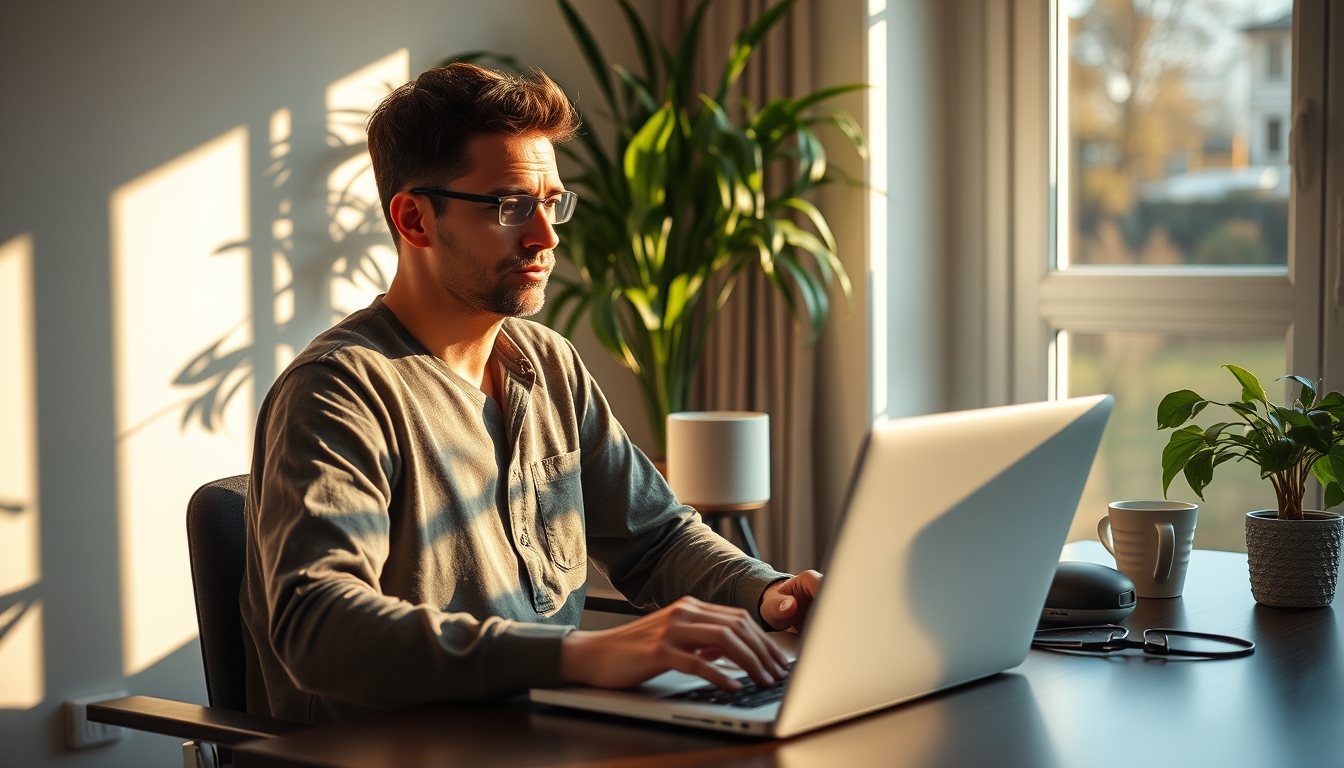 remote worker in home office with coffee and laptop in editorial style