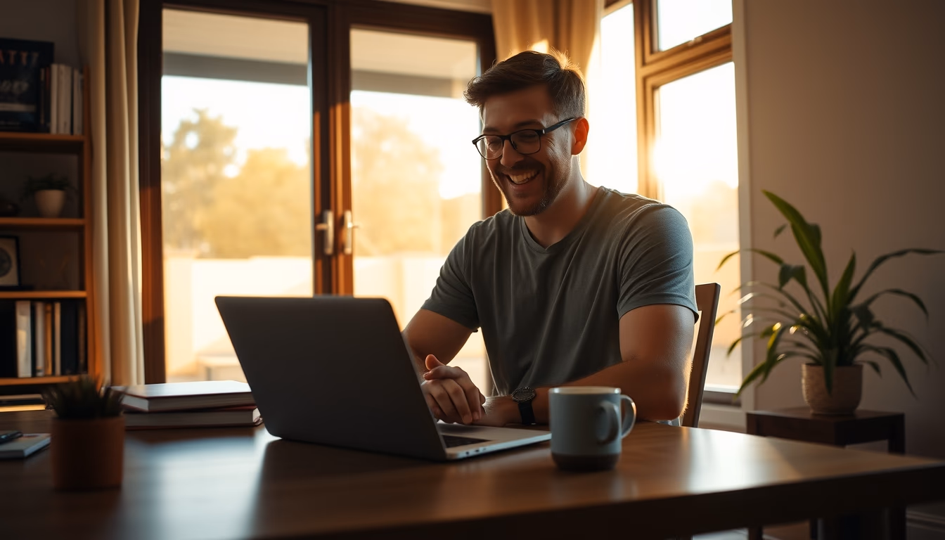 remote worker in home office with coffee and laptop in editorial style