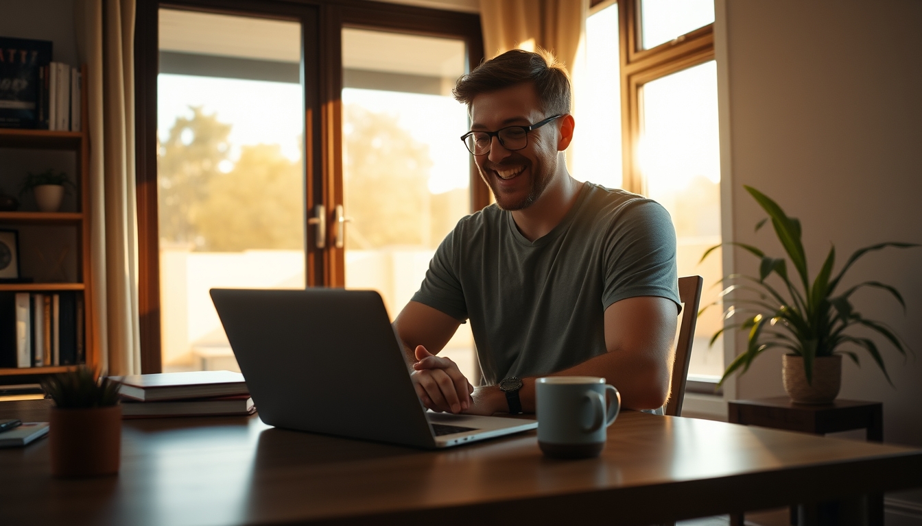 Trabalhador remoto em home office com café e notebook em estilo editorial