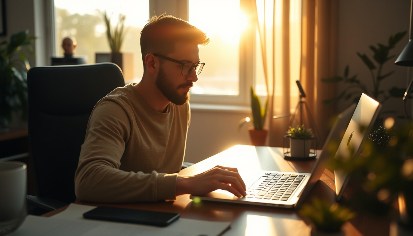 Trabalhador remoto em home office com café e notebook em estilo editorial