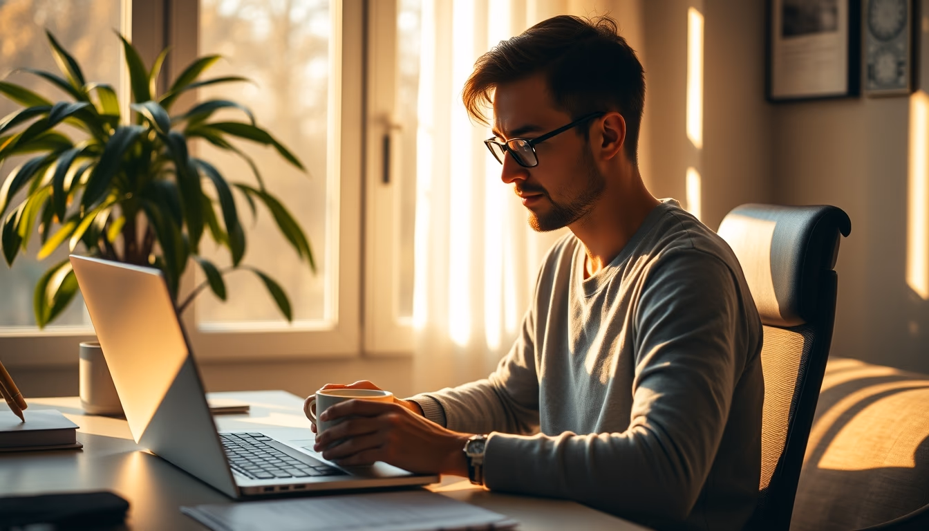 Trabalhador remoto em home office com café e notebook em estilo editorial
