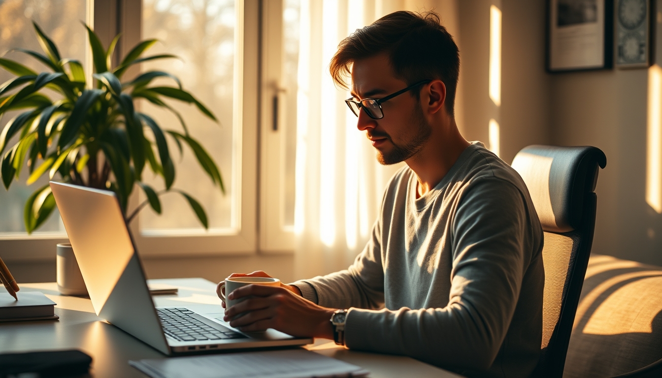 remote worker in home office with coffee and laptop in editorial style