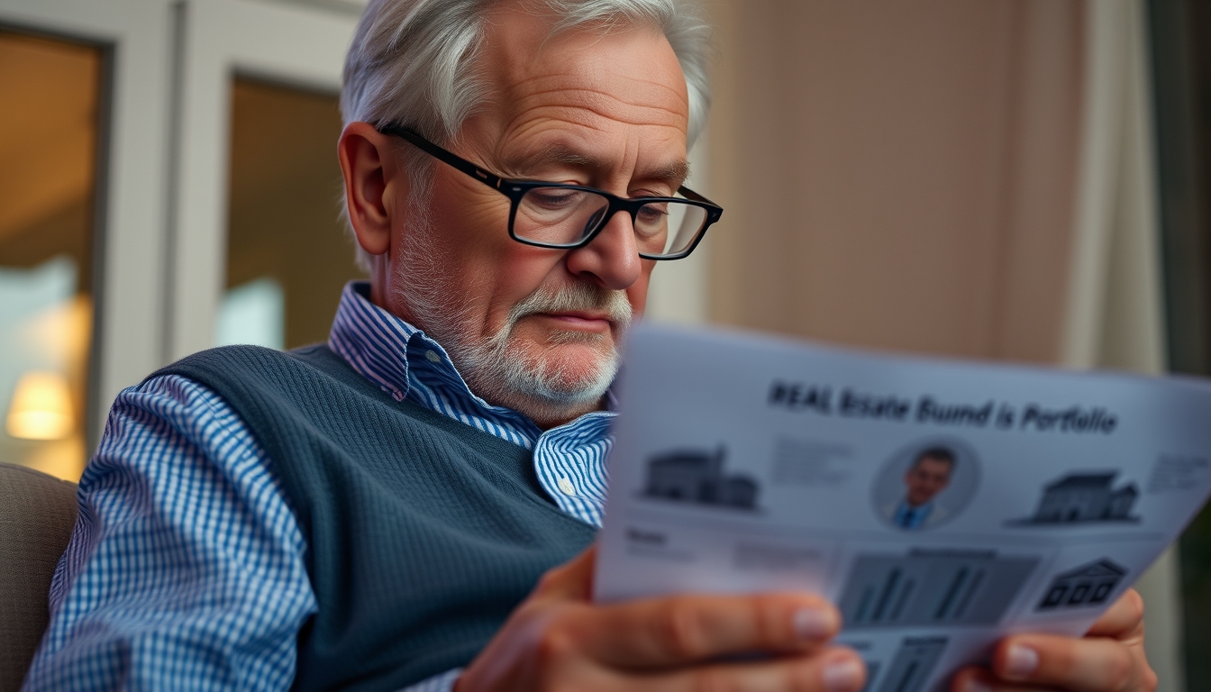 retired investor reviewing real estate fund portfolio in editorial style