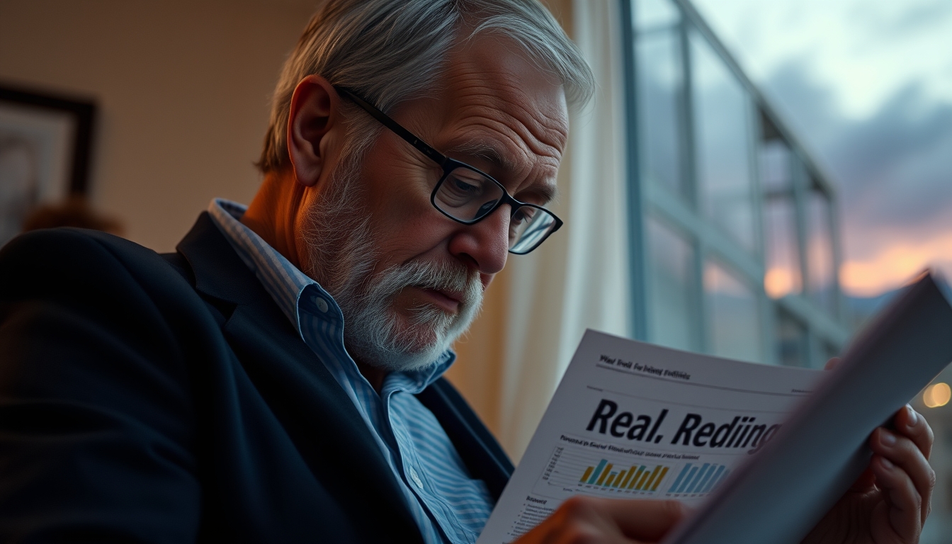 retired investor reviewing real estate fund portfolio in editorial style