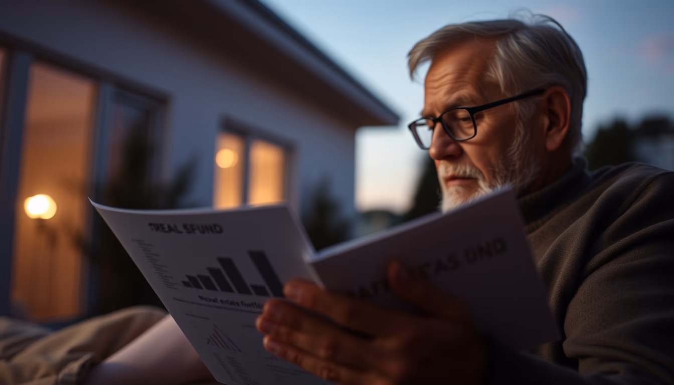 retired investor reviewing real estate fund portfolio in editorial style