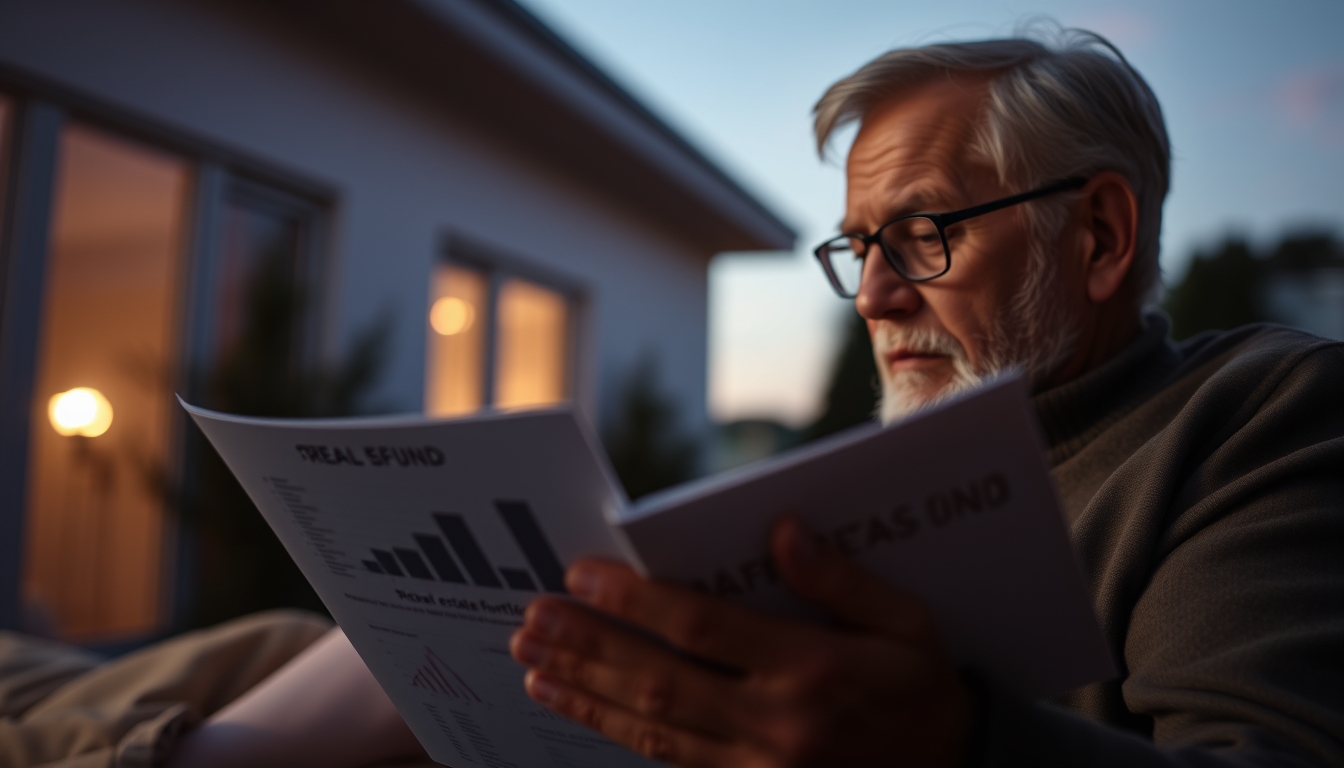 retired investor reviewing real estate fund portfolio in editorial style