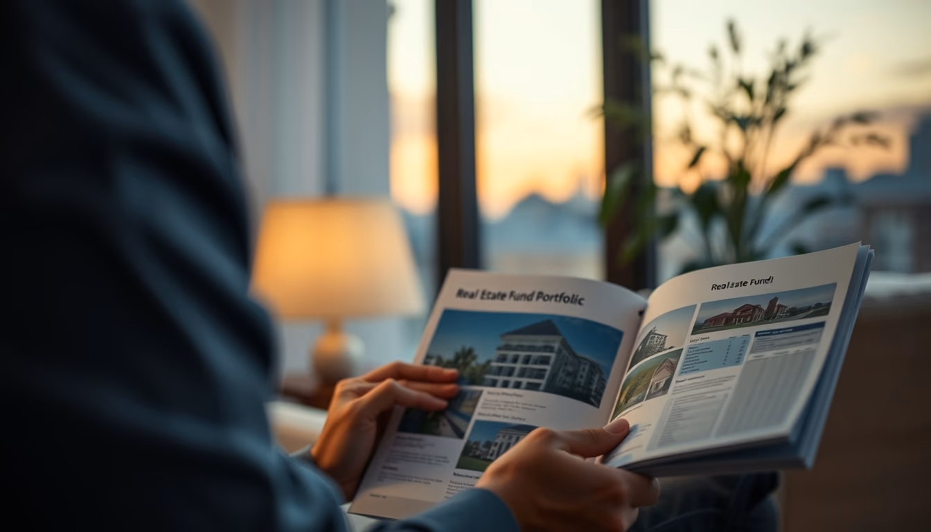retired investor reviewing real estate fund portfolio in editorial style
