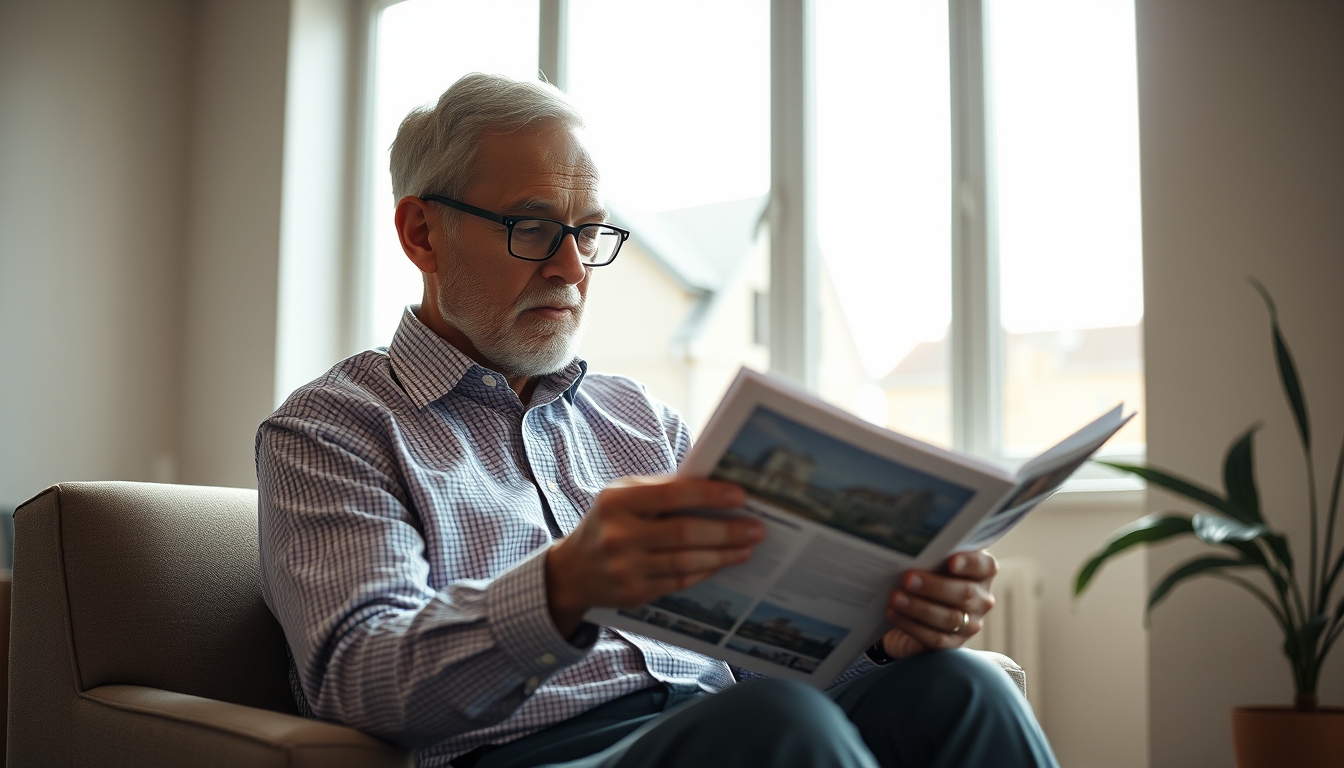 retired investor reviewing real estate fund portfolio in editorial style