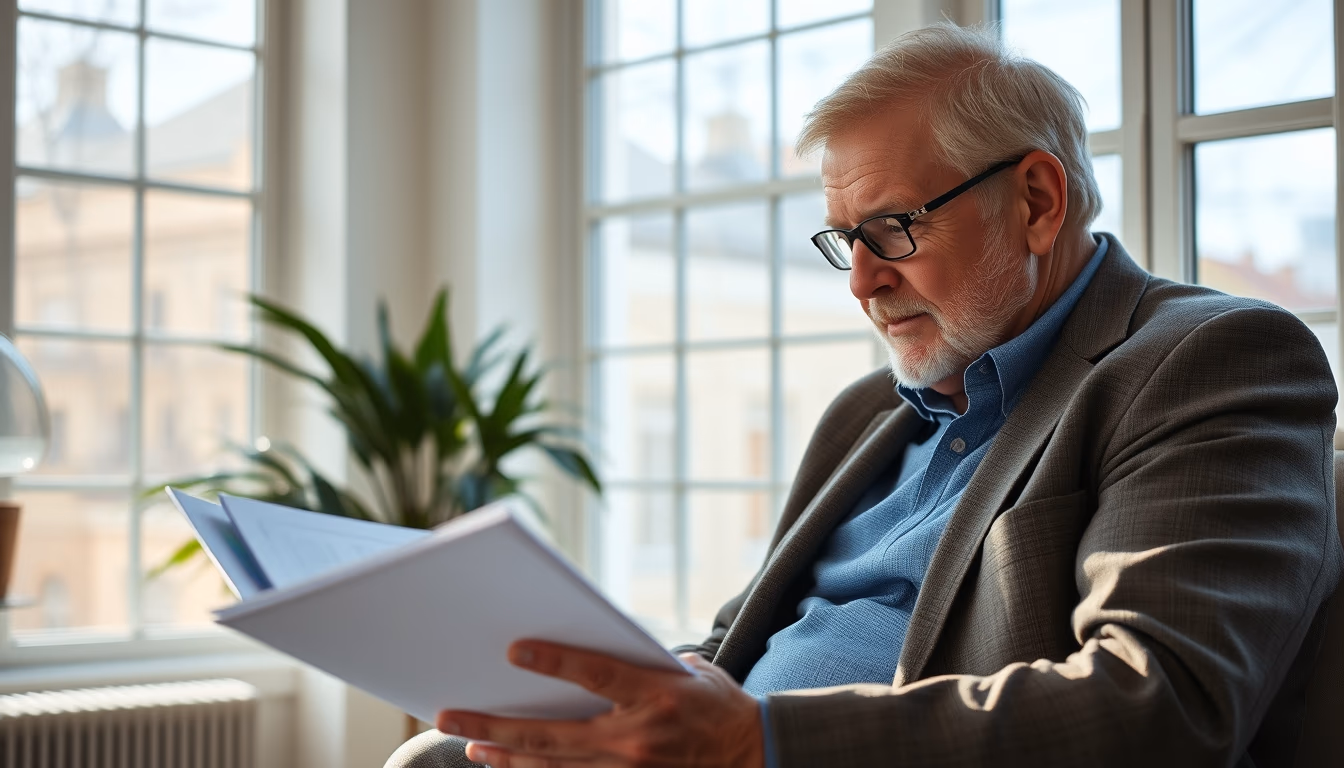 retired investor reviewing real estate fund portfolio in editorial style