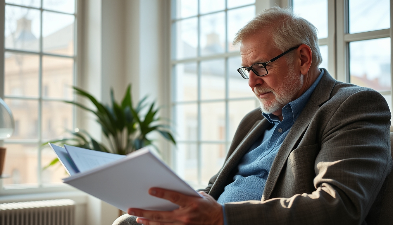 retired investor reviewing real estate fund portfolio in editorial style