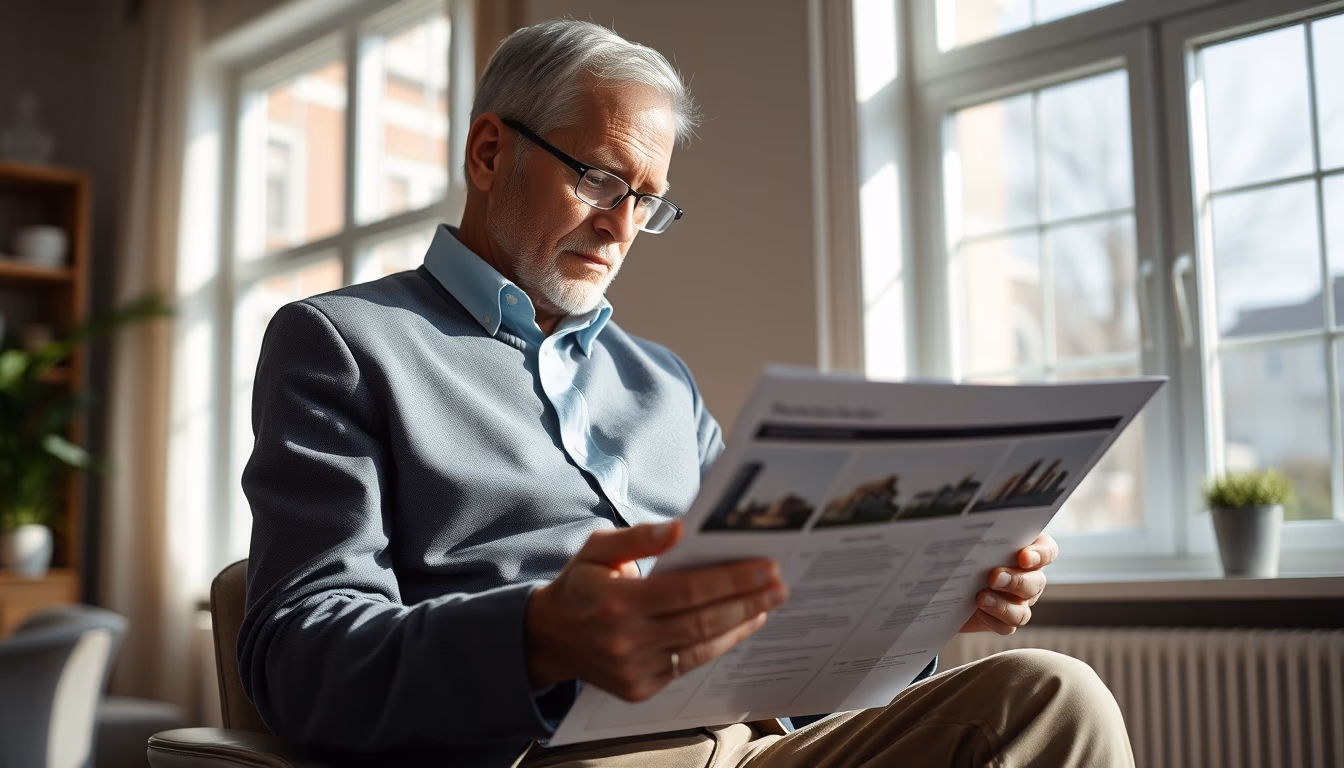 retired investor reviewing real estate fund portfolio in editorial style
