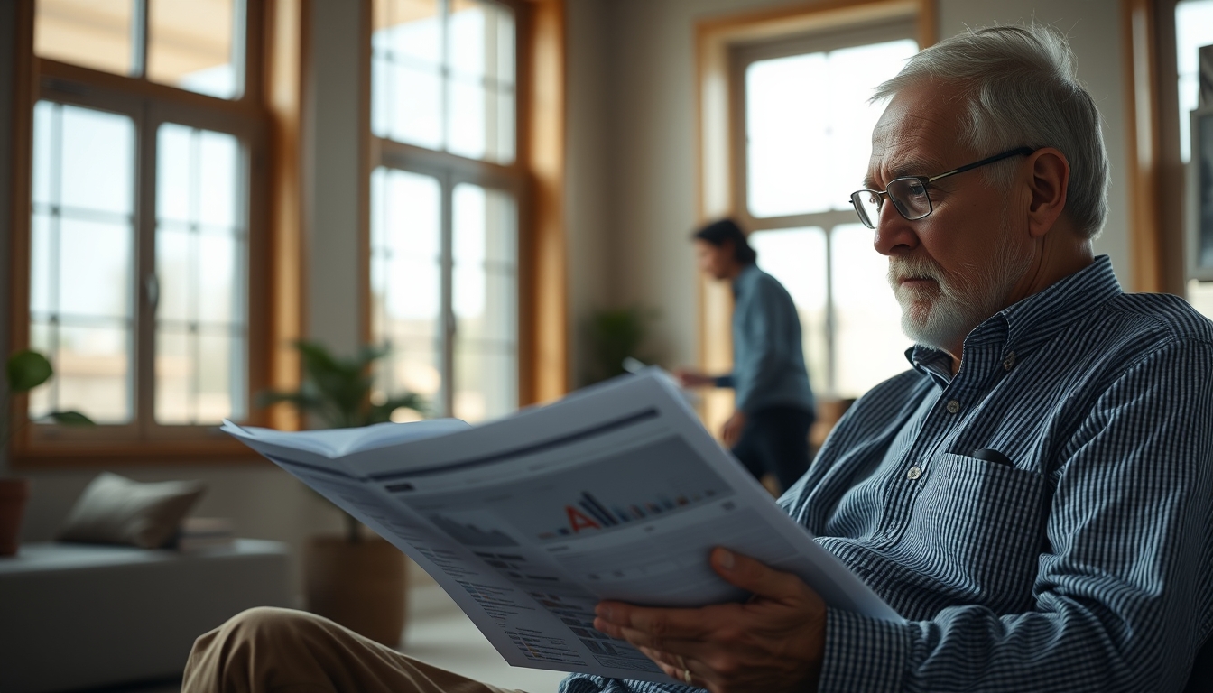 retired investor reviewing real estate fund portfolio in editorial style