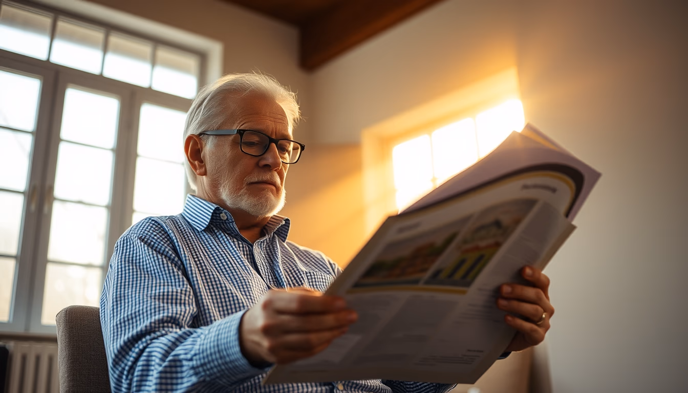 retired investor reviewing real estate fund portfolio in editorial style