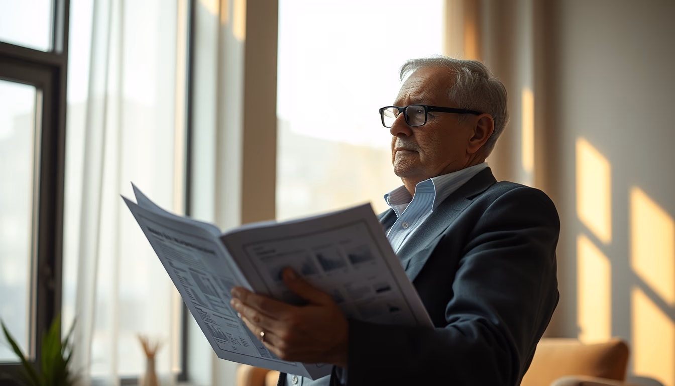 retired investor reviewing real estate fund portfolio in editorial style