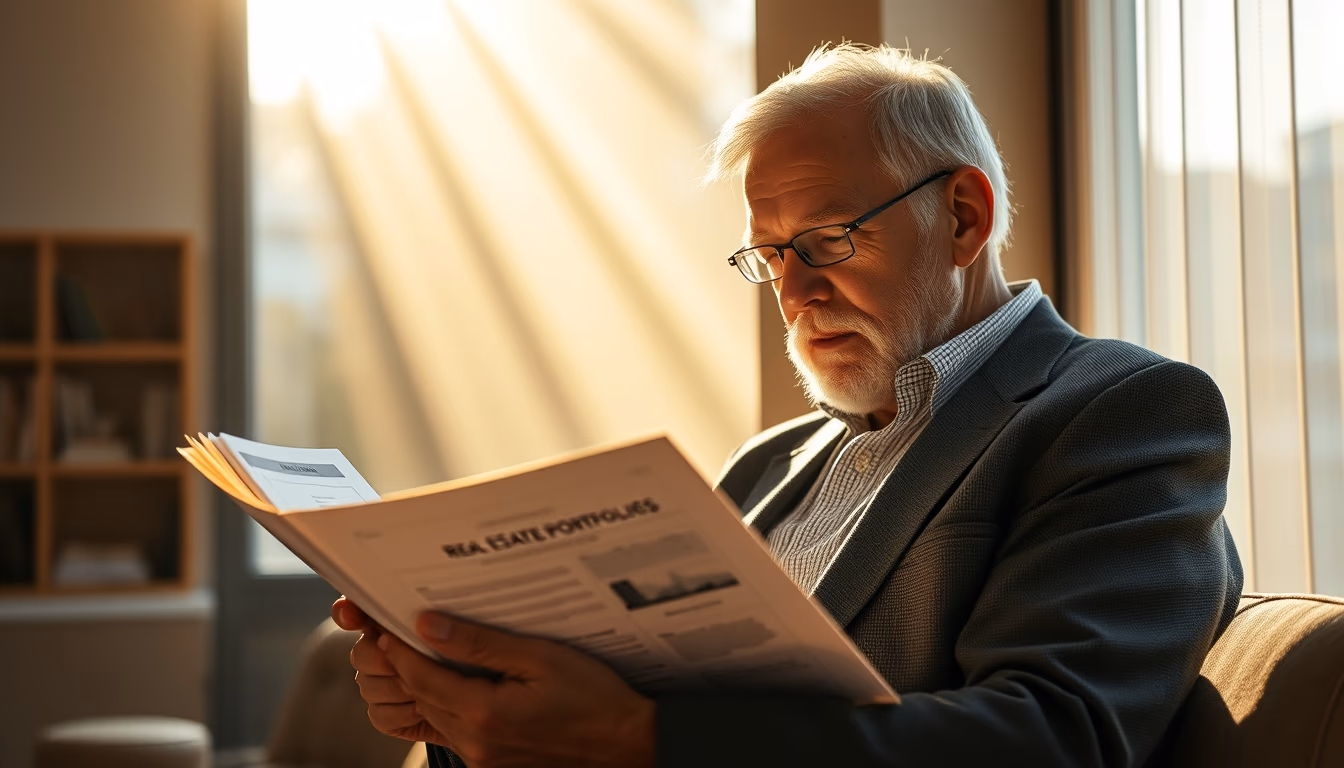 retired investor reviewing real estate fund portfolio in editorial style