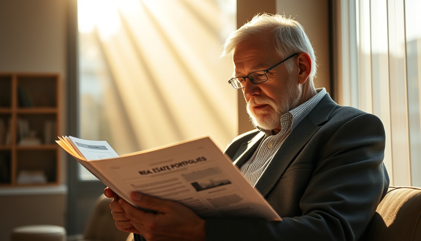 retired investor reviewing real estate fund portfolio in editorial style