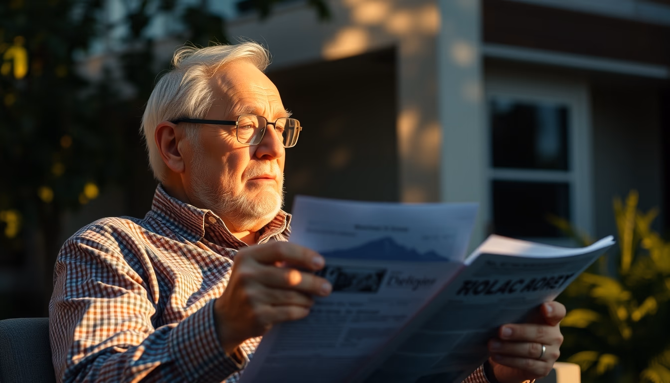 retired investor reviewing real estate fund portfolio in editorial style