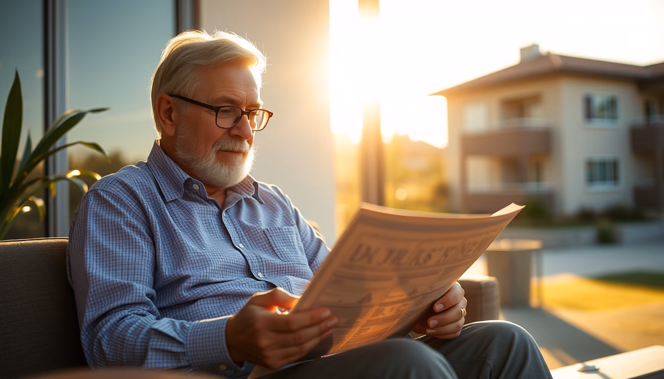 retired investor reviewing real estate fund portfolio in editorial style