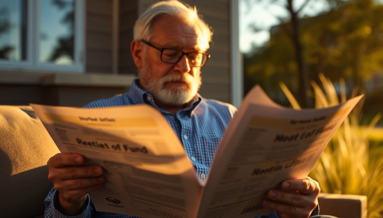 retired investor reviewing real estate fund portfolio in editorial style