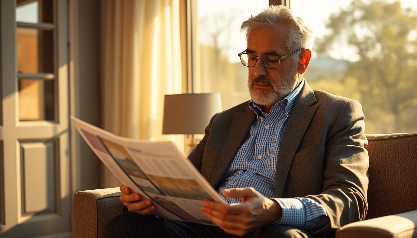 retired investor reviewing real estate fund portfolio in editorial style