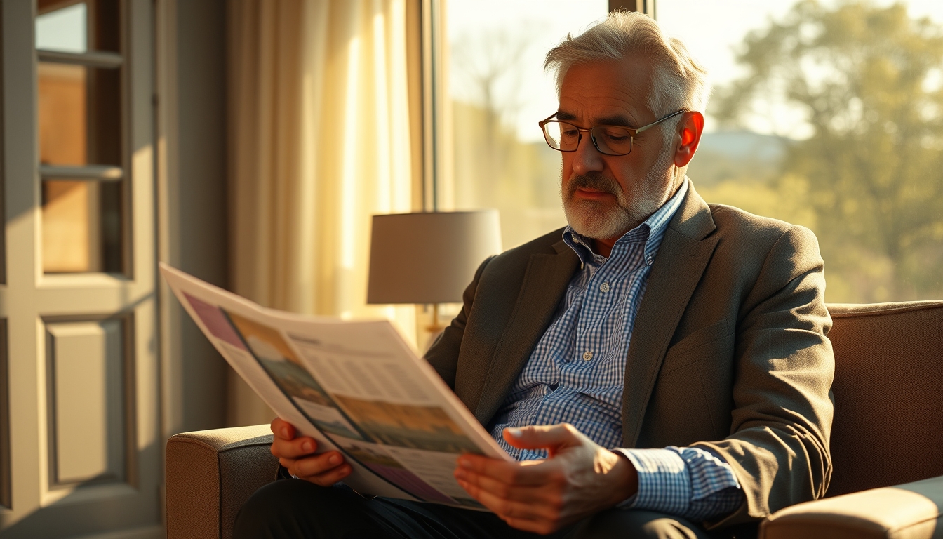 retired investor reviewing real estate fund portfolio in editorial style