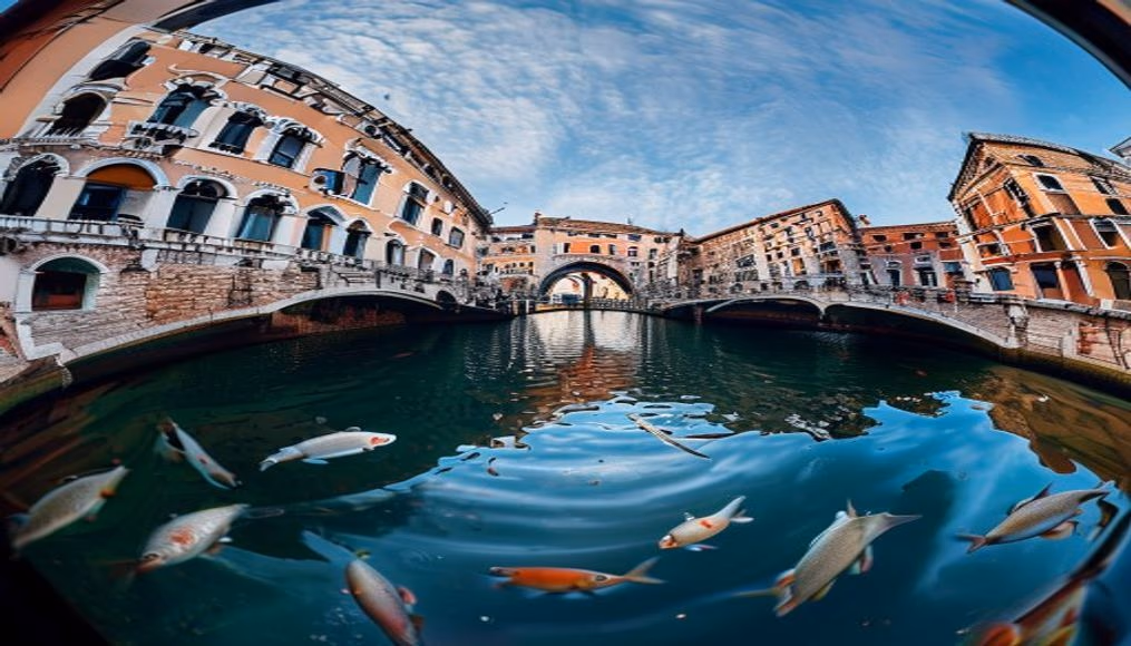 rialto bridge venice in editorial style