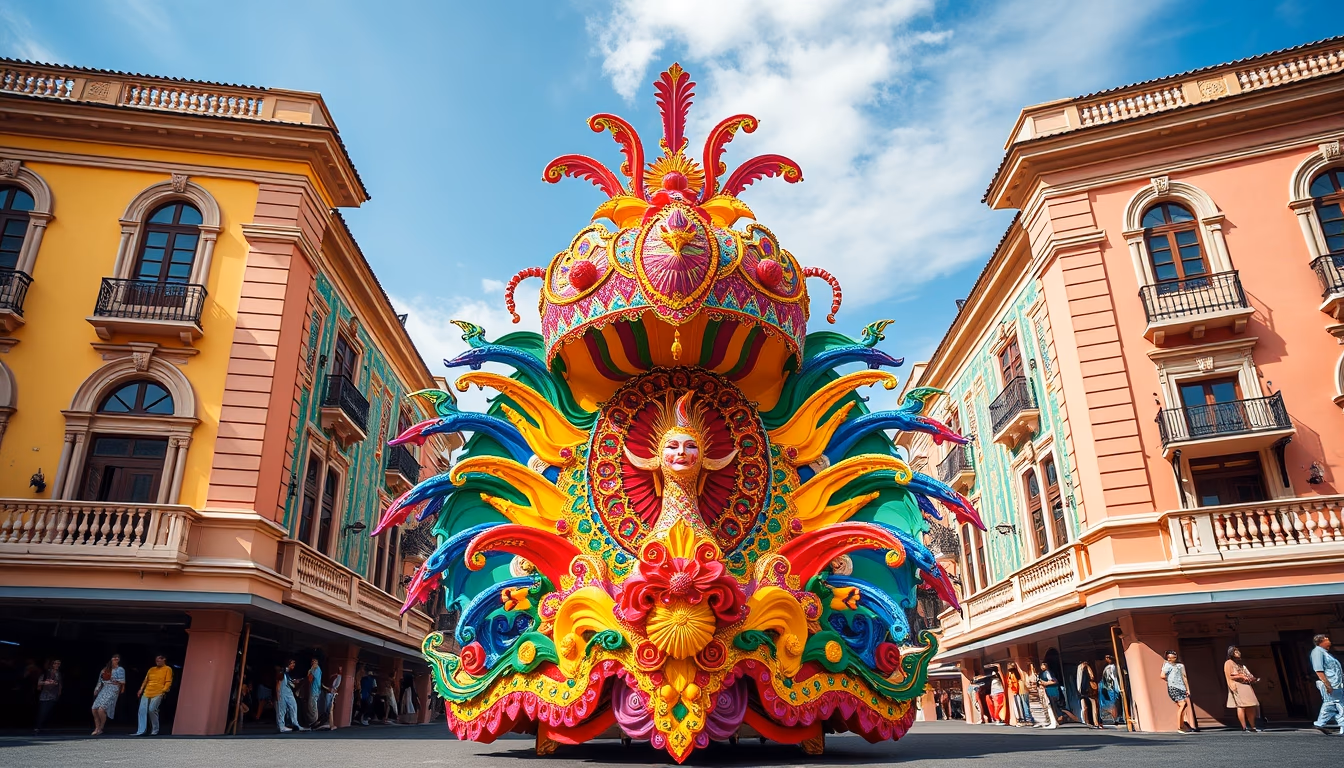 rio carnival float colorful in editorial style