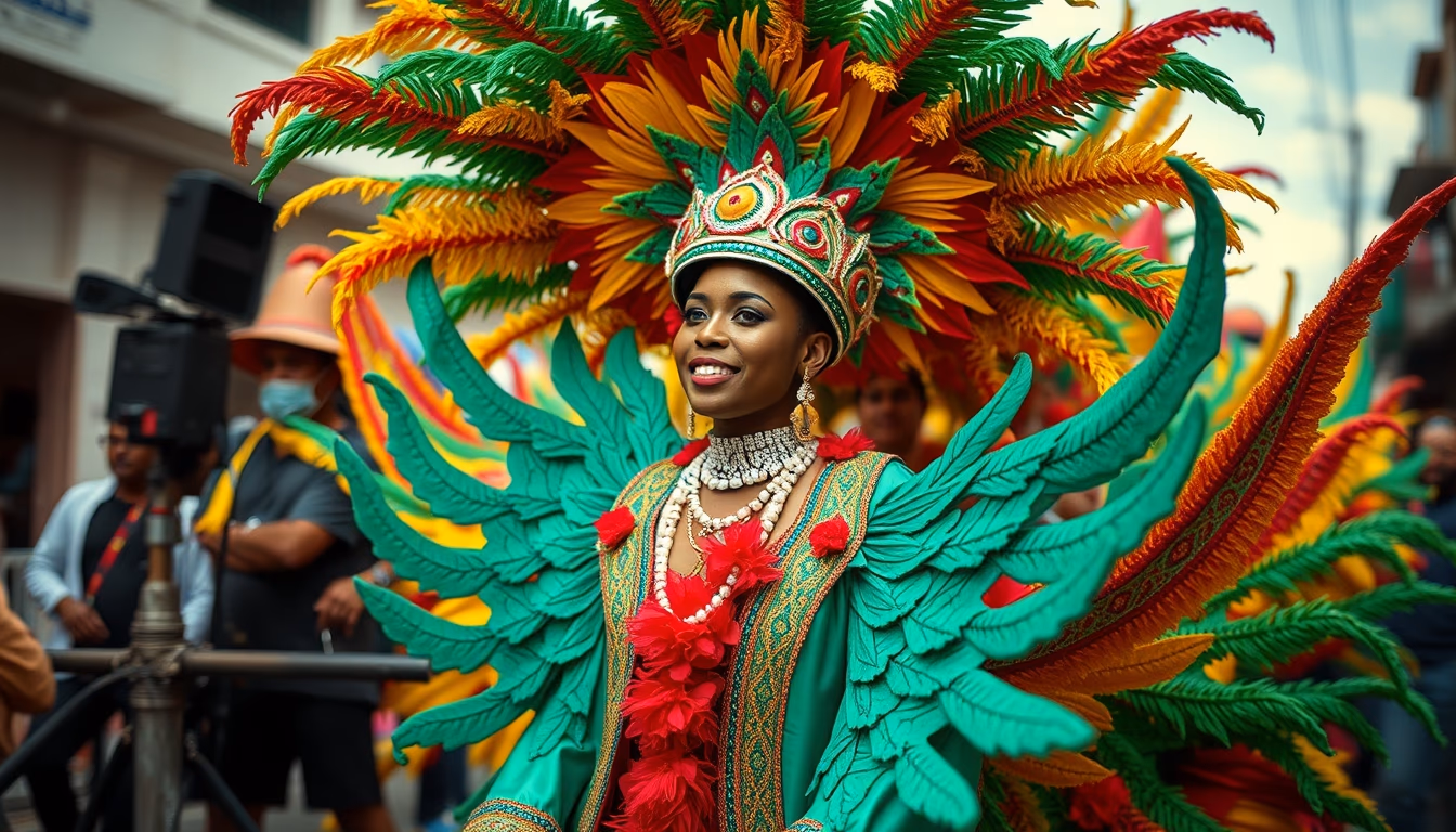 rio carnival float colorful in editorial style