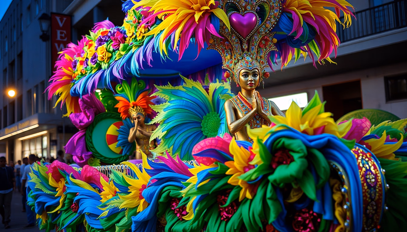 rio carnival float colorful in editorial style